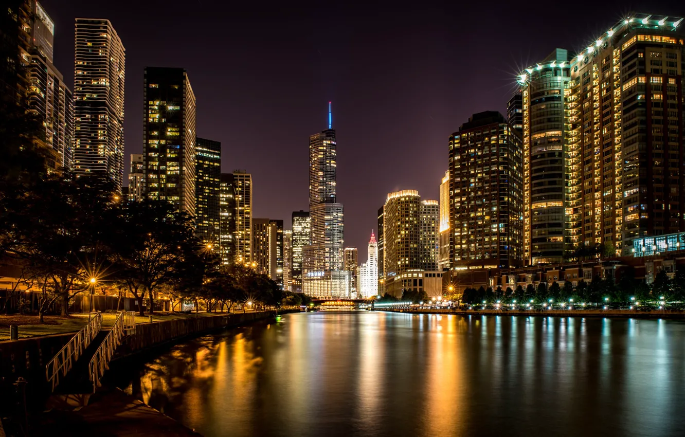 Photo wallpaper Night, Chicago, Skyscrapers, USA, Chicago, skyline, nightscape