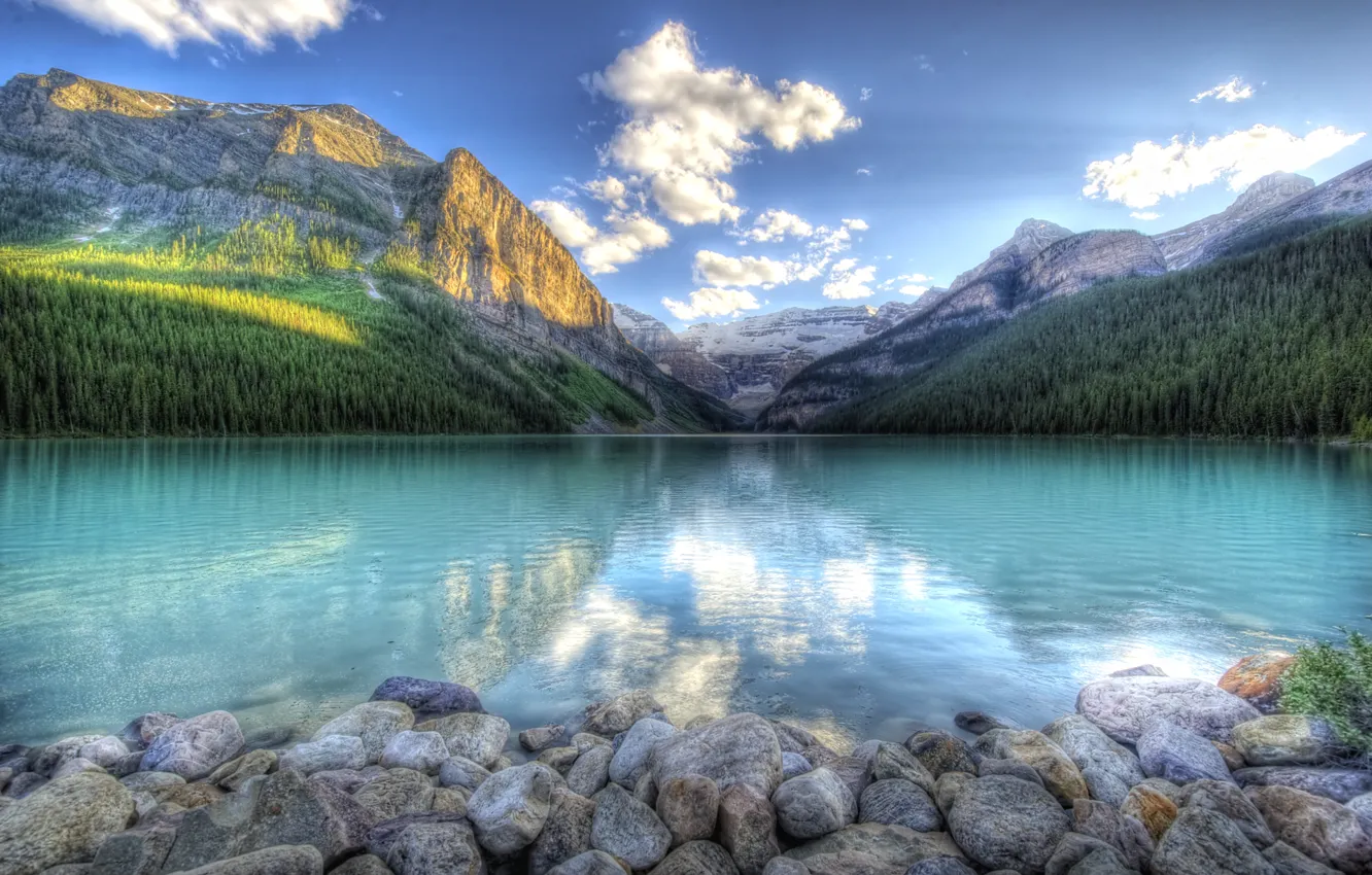 Photo wallpaper forest, the sky, mountains, lake, stones