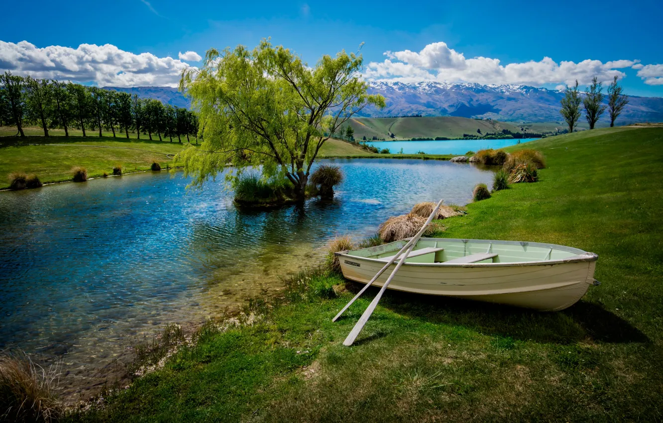 Photo wallpaper trees, mountains, lake, boat