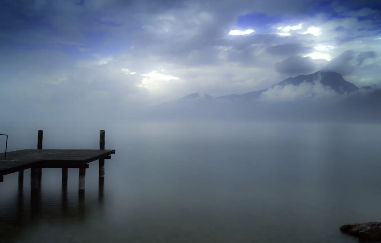 Photo wallpaper the sky, clouds, mountains, Lake, pier