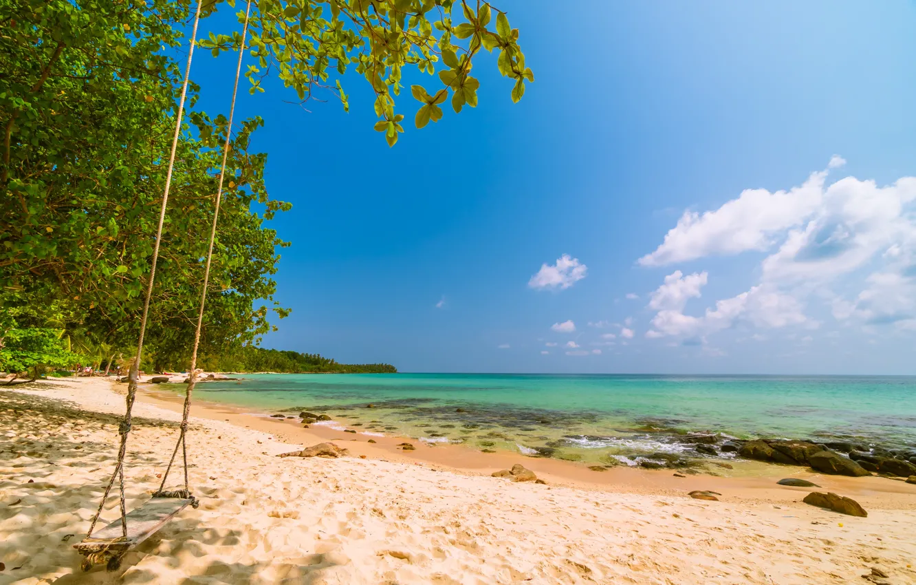 Photo wallpaper sand, sea, wave, beach, summer, the sky, palm trees, swing