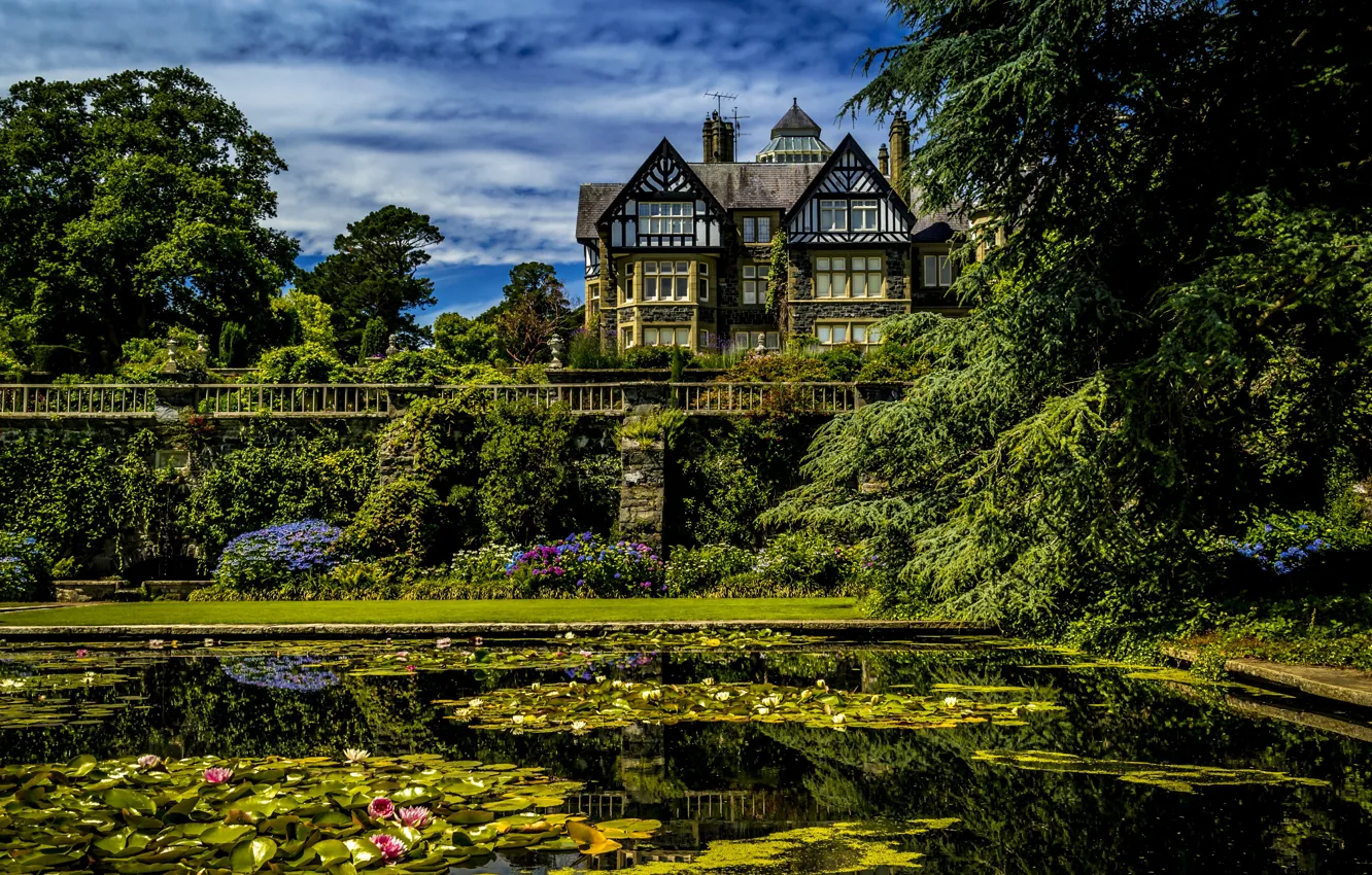 Photo wallpaper greens, water, trees, house, pond, garden, UK, the bushes