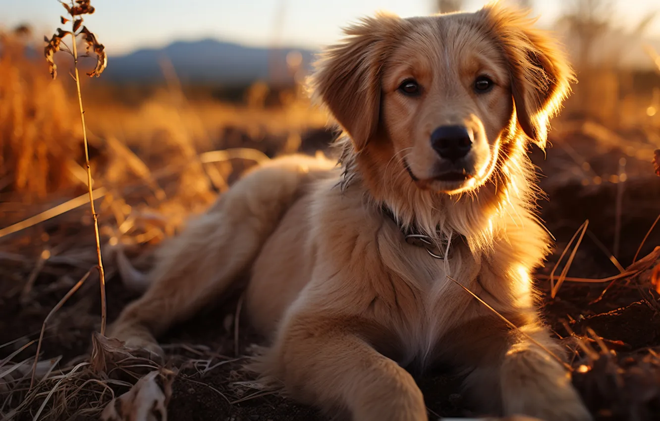 Photo wallpaper look, face, dawn, dog, front, Golden Retriever, digital art, AI art