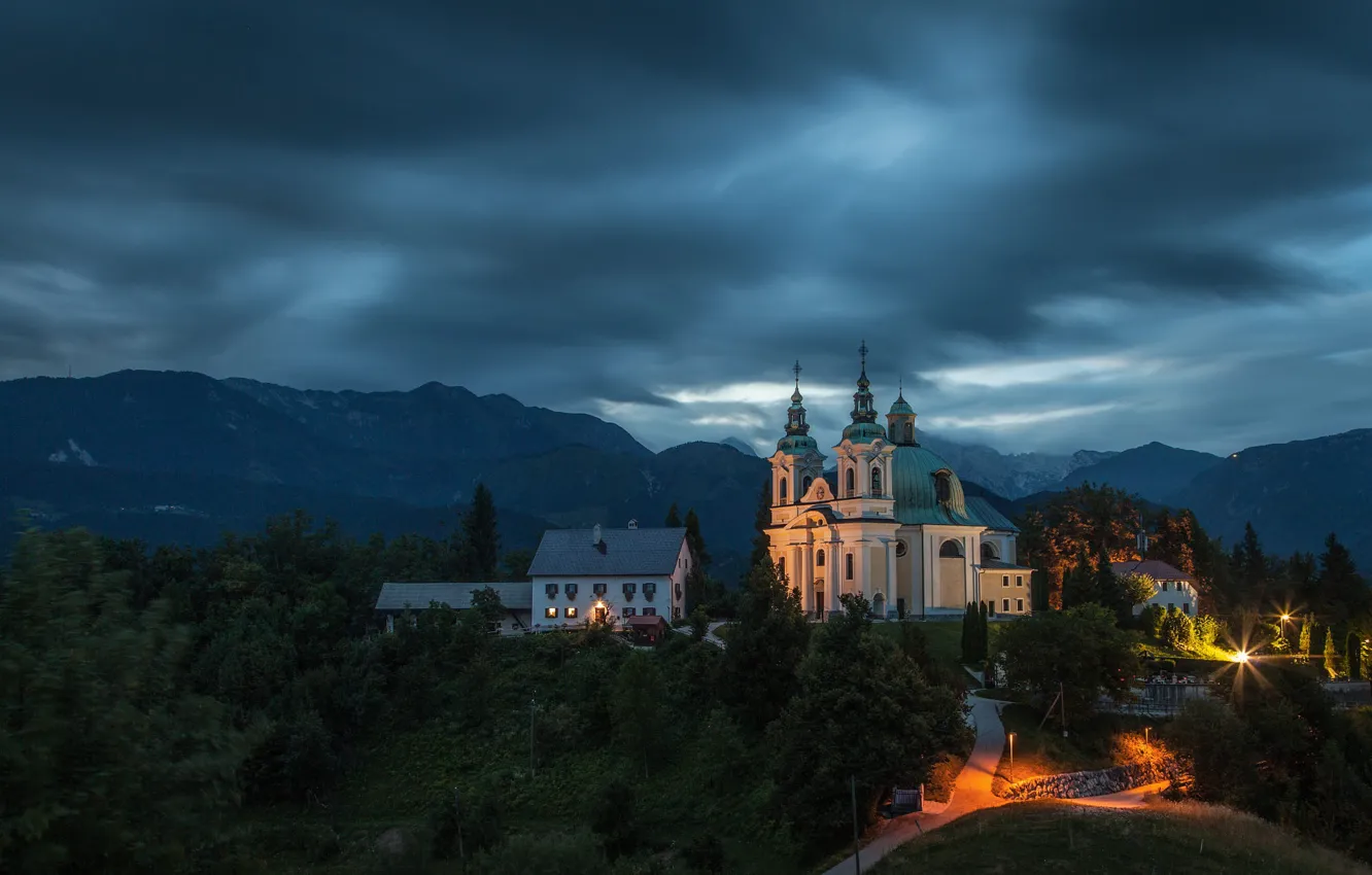 Photo wallpaper landscape, mountains, clouds, nature, home, the evening, village, Church