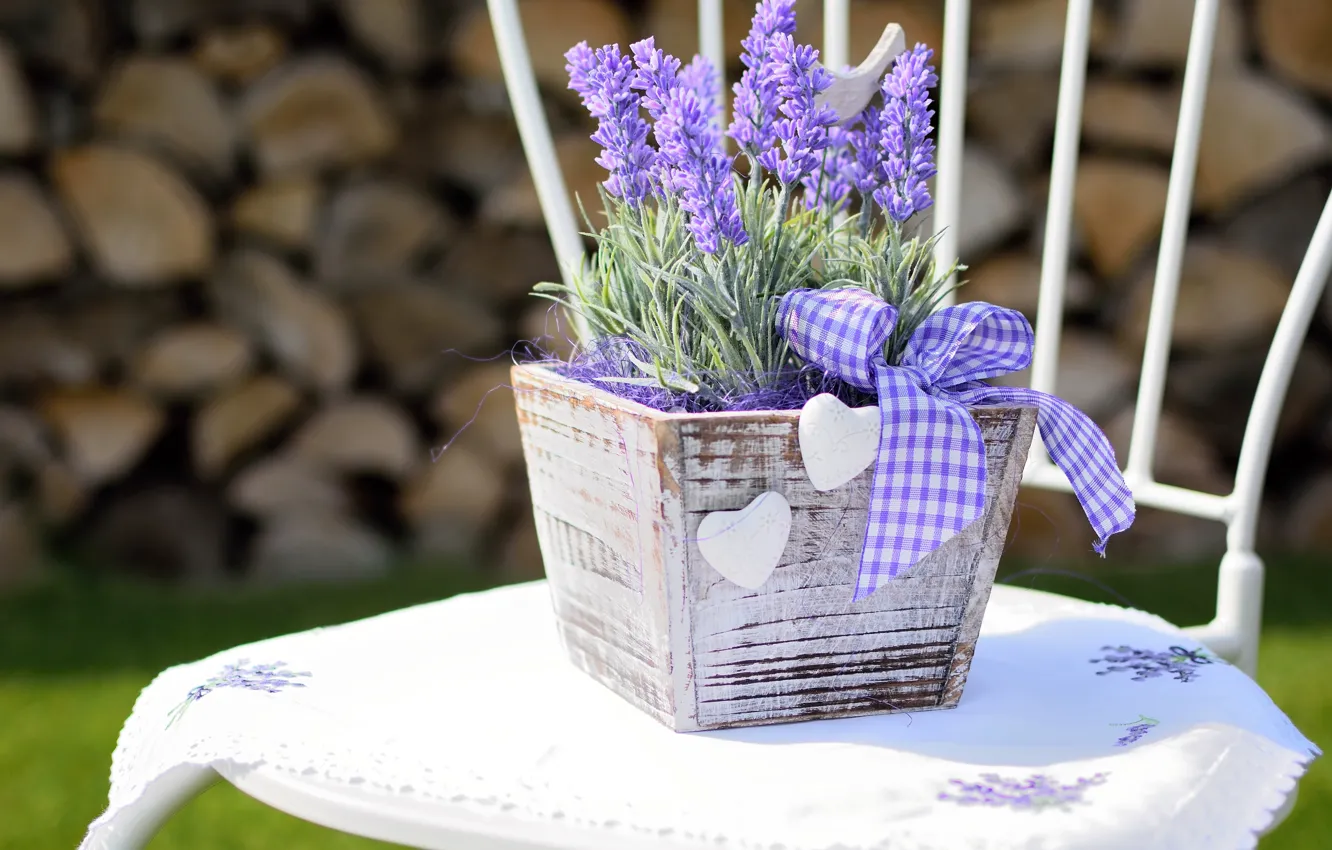 Photo wallpaper flowers, chair, tape, hearts, bow, lavender