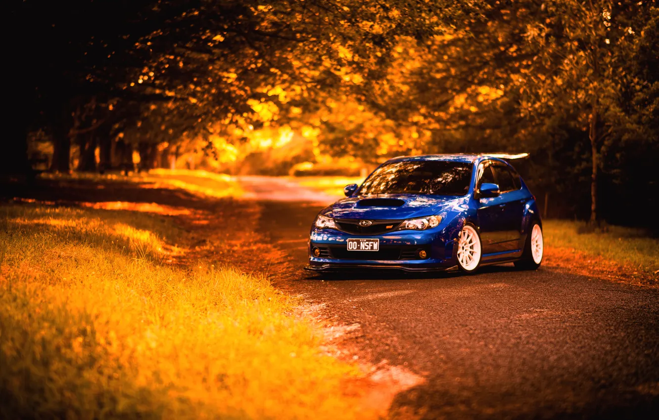 Photo wallpaper autumn, Subaru, Impreza, blue, STI, blue, Subaru, Impreza