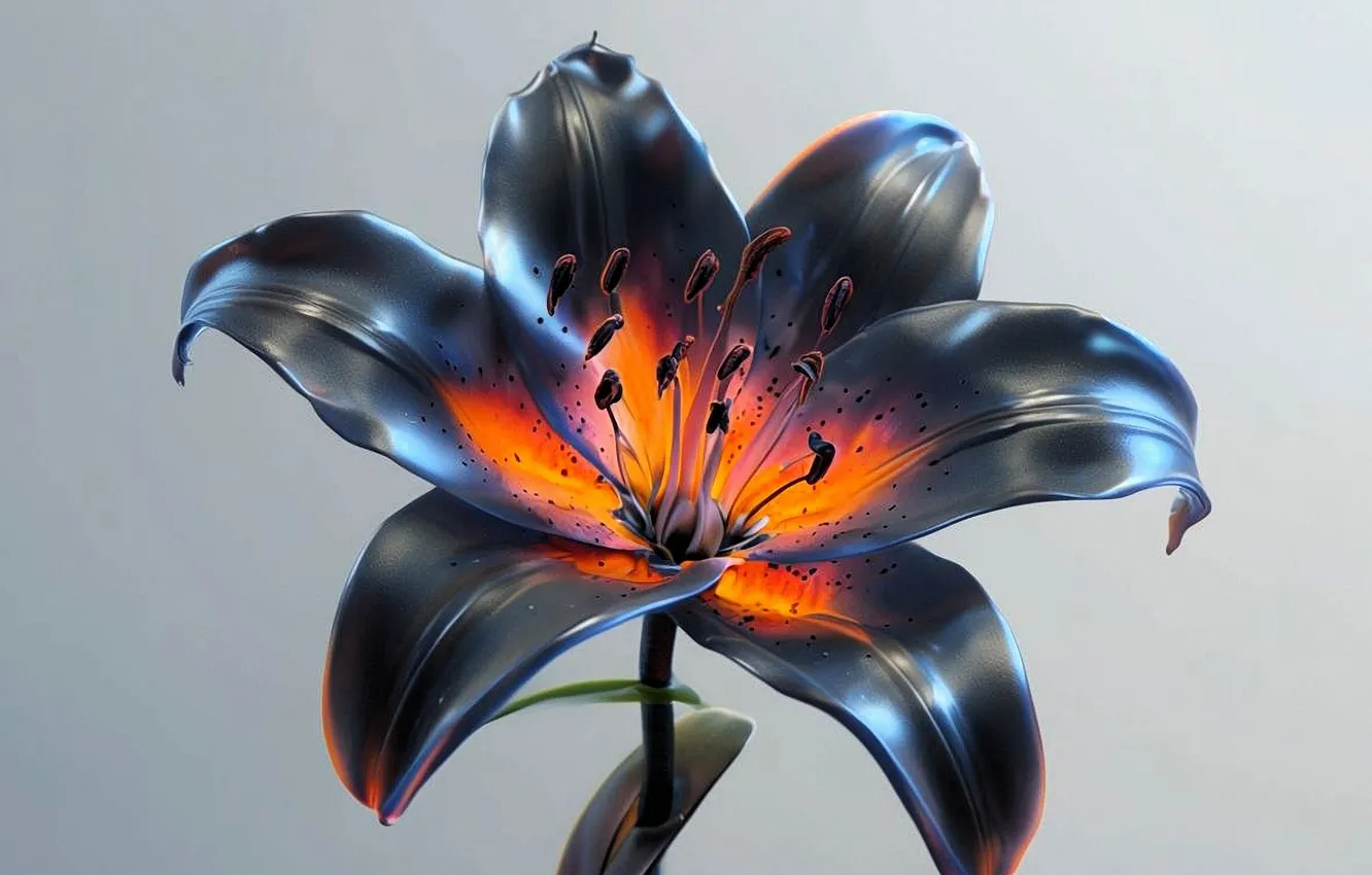 Photo wallpaper flowers, steel, forging, light grey background, red-hot iron