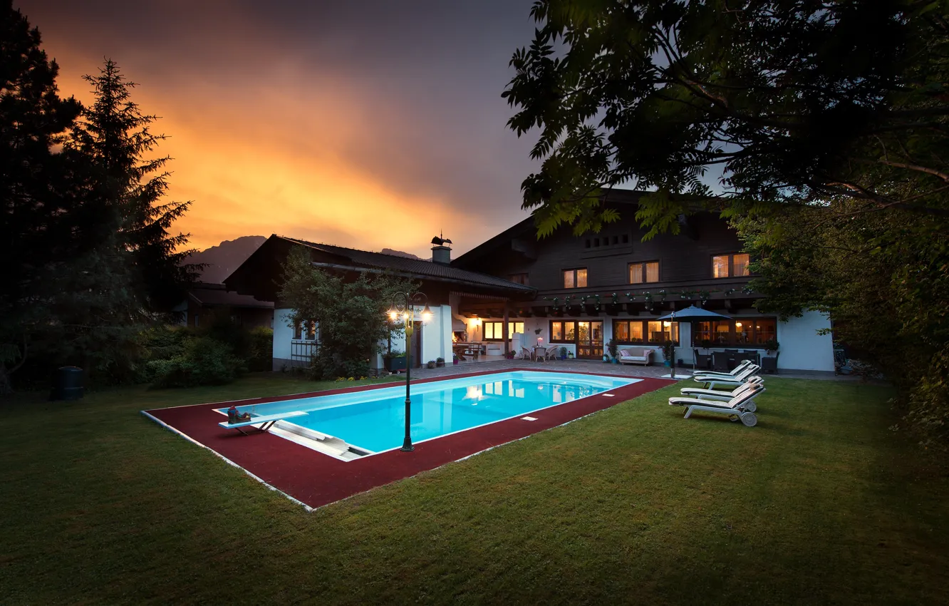 Photo wallpaper Villa, the evening, pool, lighting, architecture, terrace