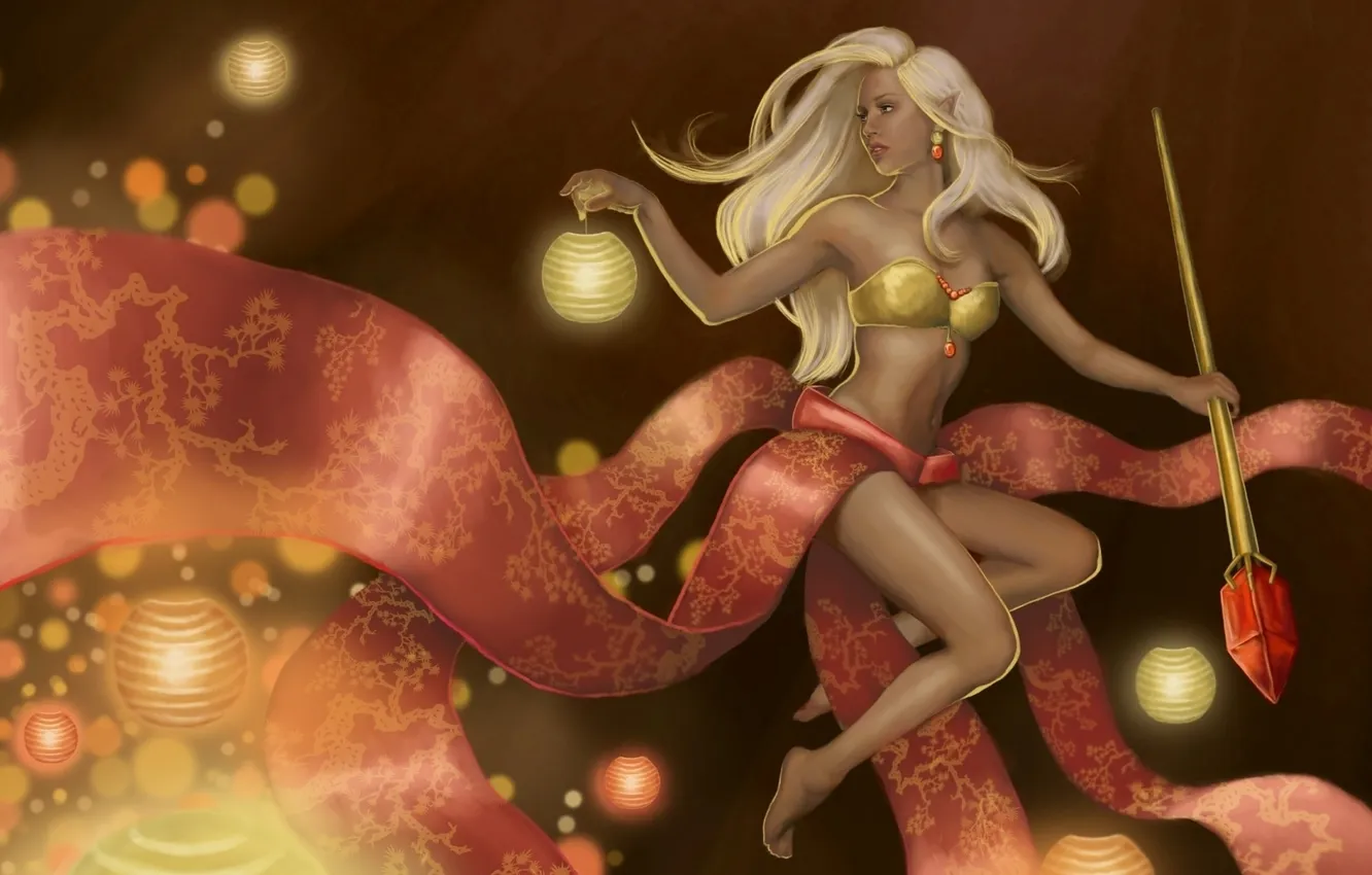 Photo wallpaper girl, lights, flashlight, staff, crystals