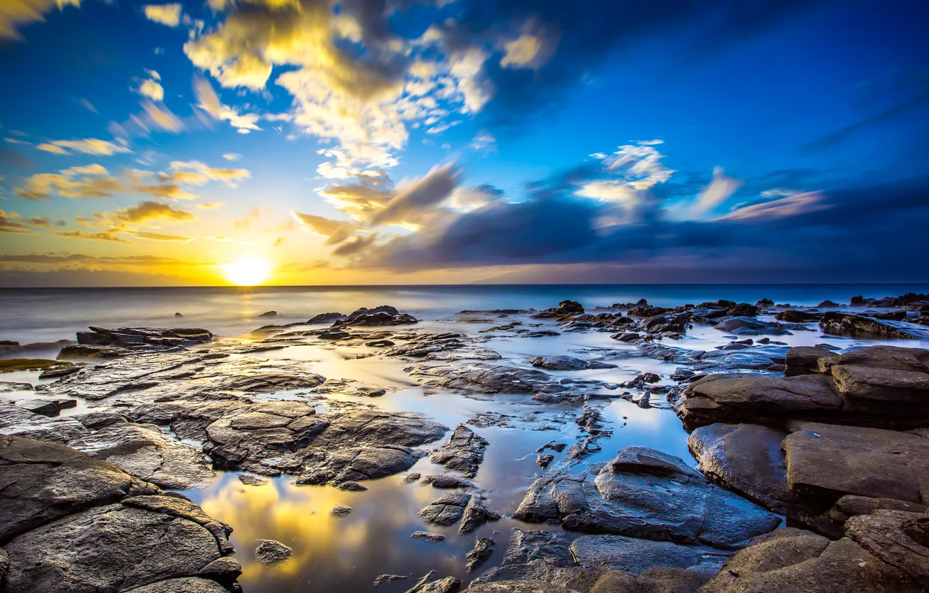 Photo wallpaper the sky, the sun, clouds, sunset, stones, the ocean, shore, Maui