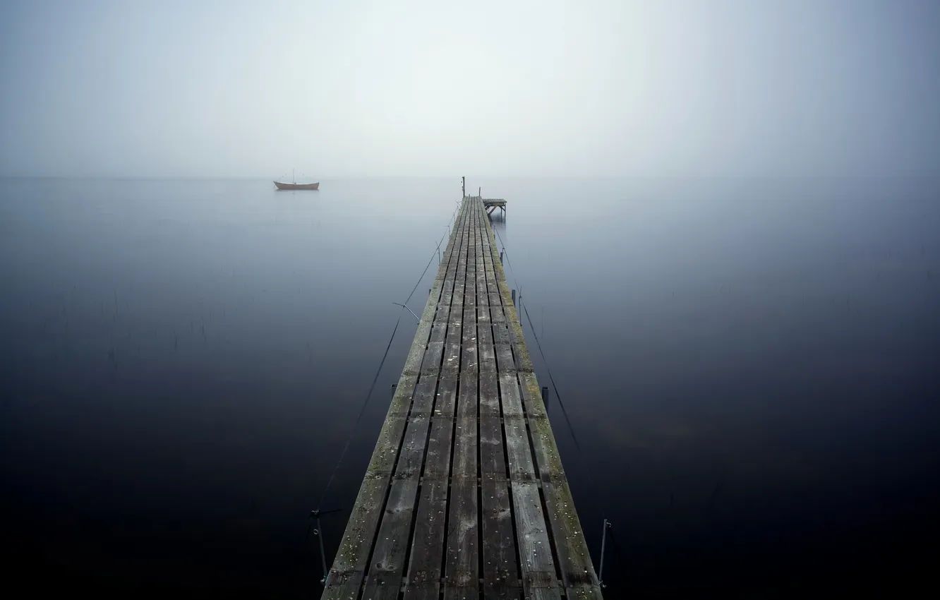 Photo wallpaper bridge, fog, lake