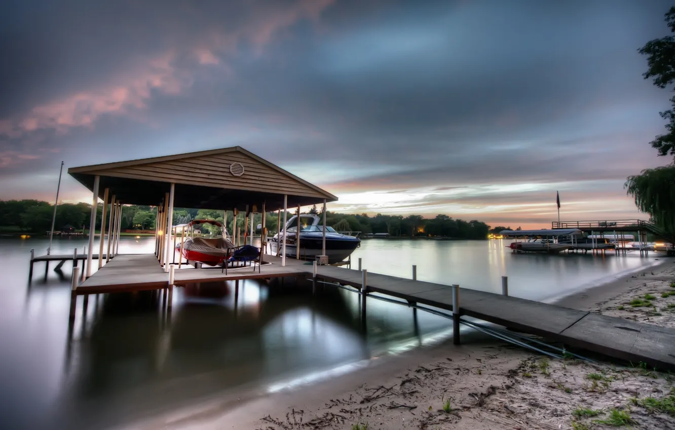 Photo wallpaper the sky, clouds, trees, landscape, sunset, nature, river, boat