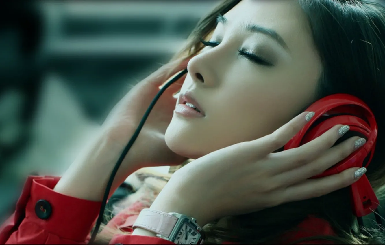 Photo wallpaper girl, headphones, Asian