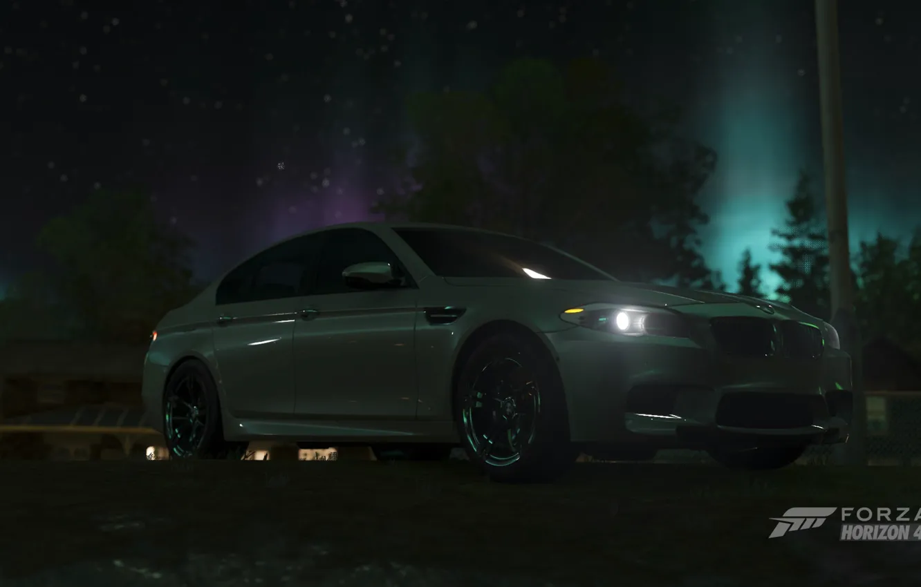 Photo wallpaper car, BMW, game, sky, nights, wood, stars, tree