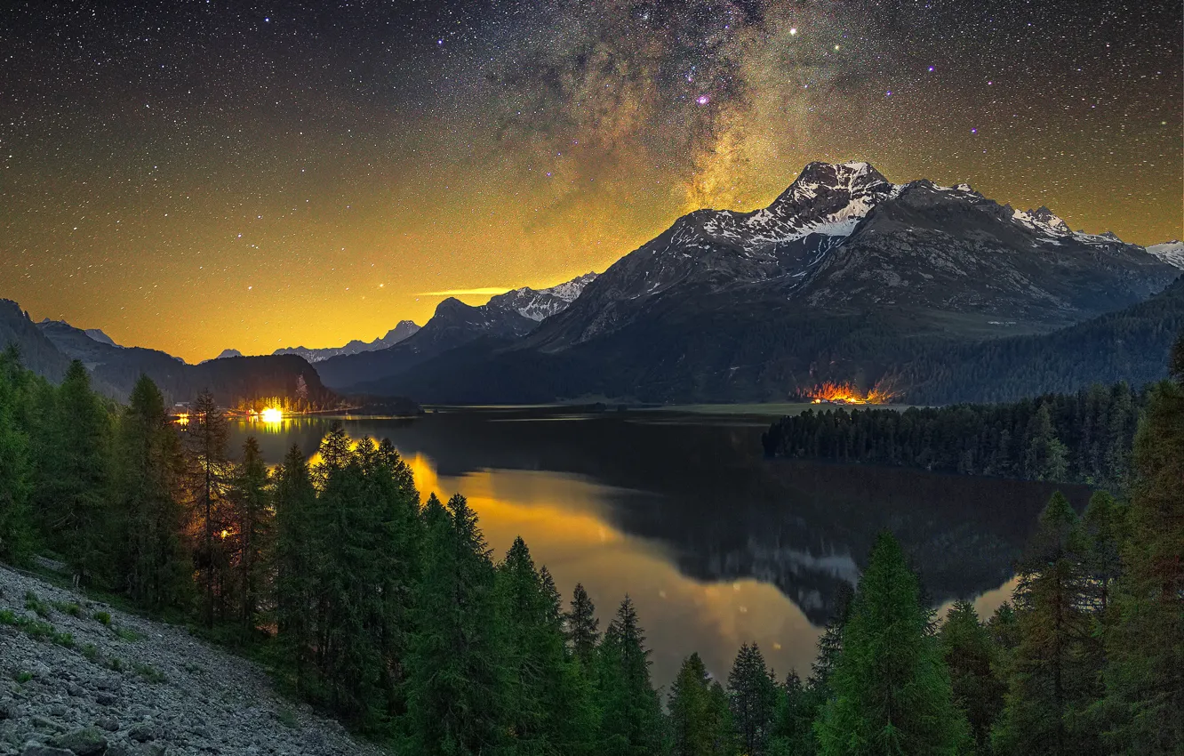 Photo wallpaper forest, the sky, stars, snow, mountains, night, lights, lake