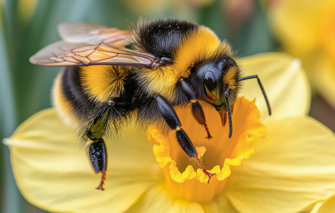 Photo wallpaper macro, flowers, yellow, bee, spring, bumblebee, daffodils, AI art