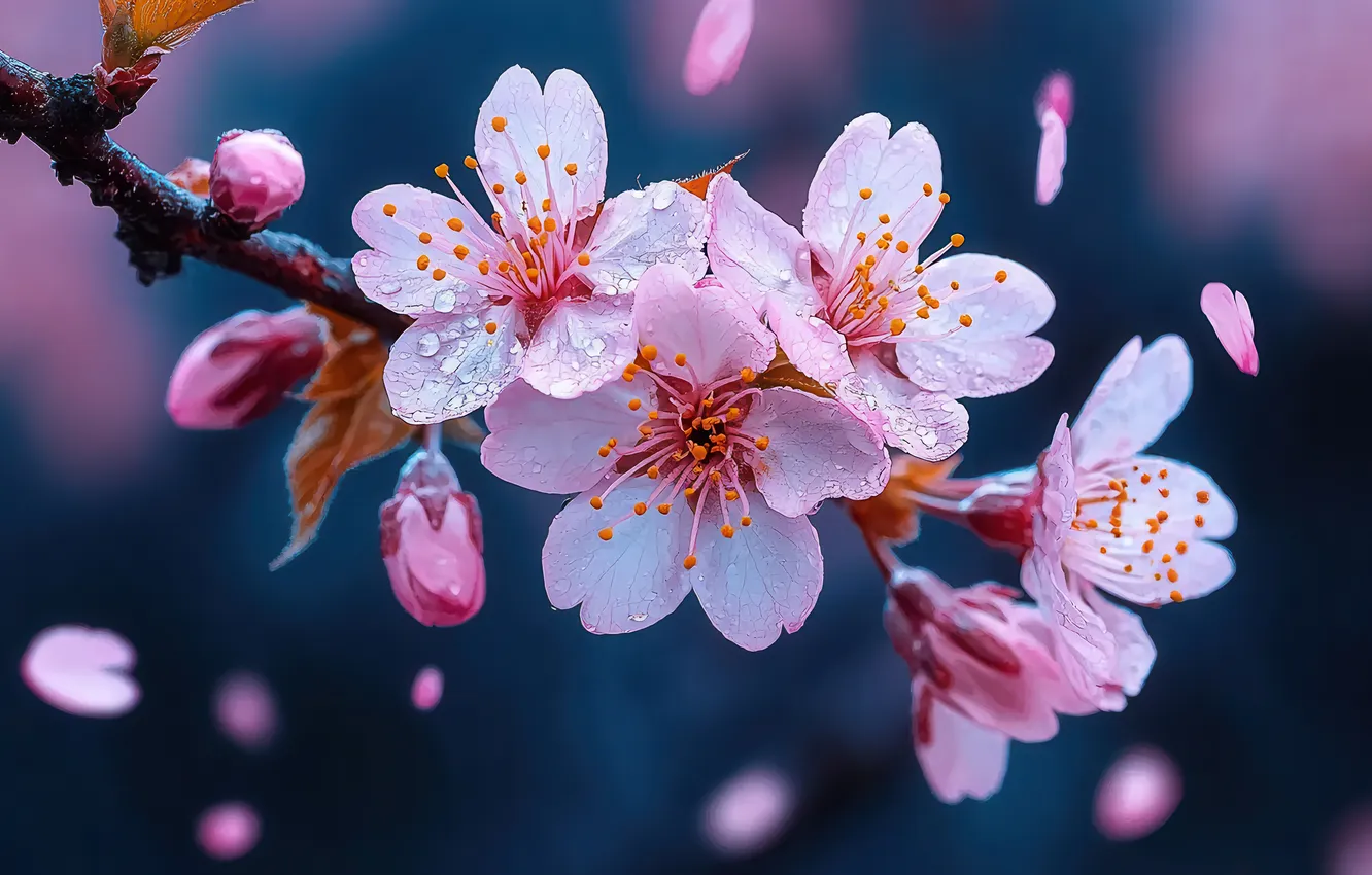 Photo wallpaper drops, macro, flowers, cherry, branch, spring, petals, pink