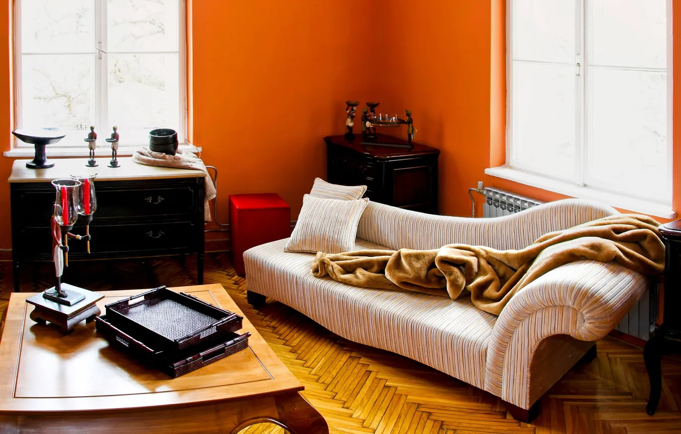 Photo wallpaper orange, interior, fireplace, living room