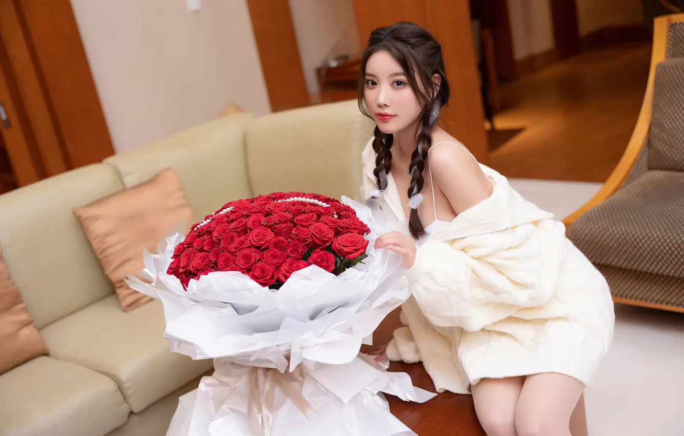 Photo wallpaper look, flowers, pose, sofa, model, portrait, roses, interior