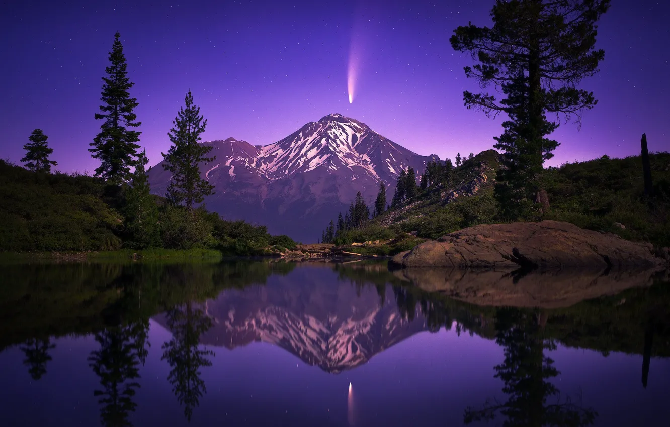Photo wallpaper trees, mountains, night, lake, reflection, comet, CA, California