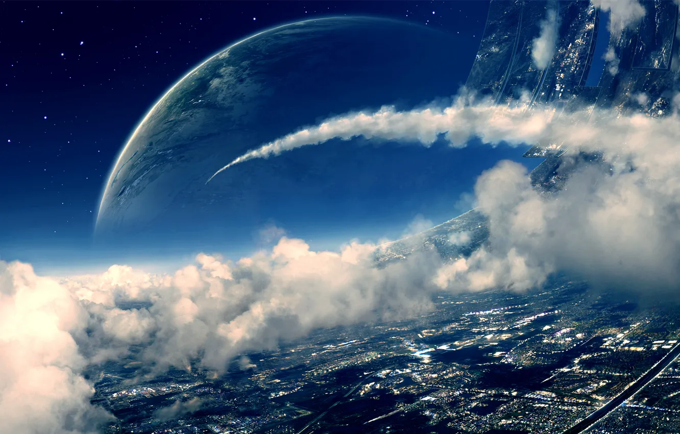 Photo wallpaper space, clouds, planet, art, space station