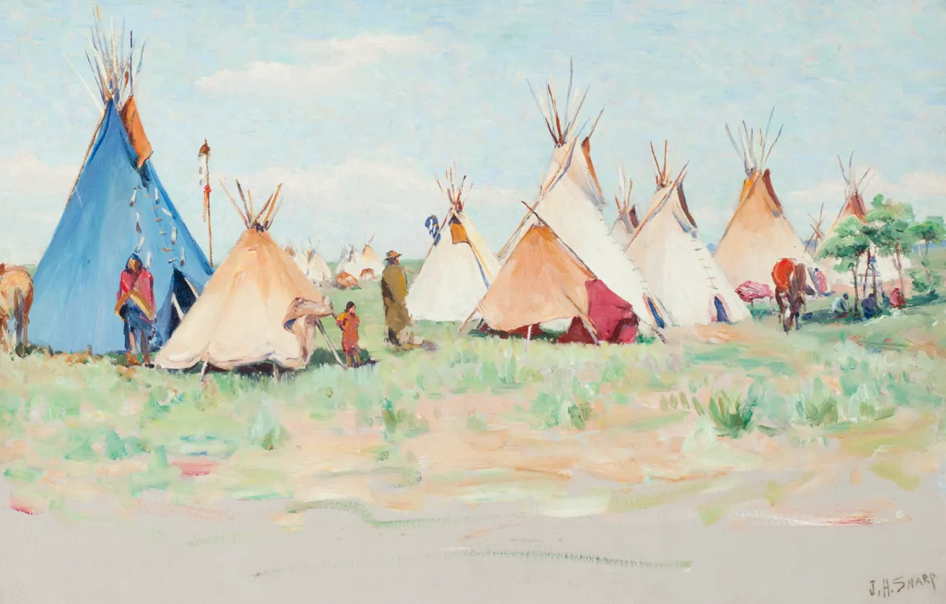 Photo wallpaper Summer Camp, Joseph Henry Sharp, Horn Montana, Crow Encampment, Little Big
