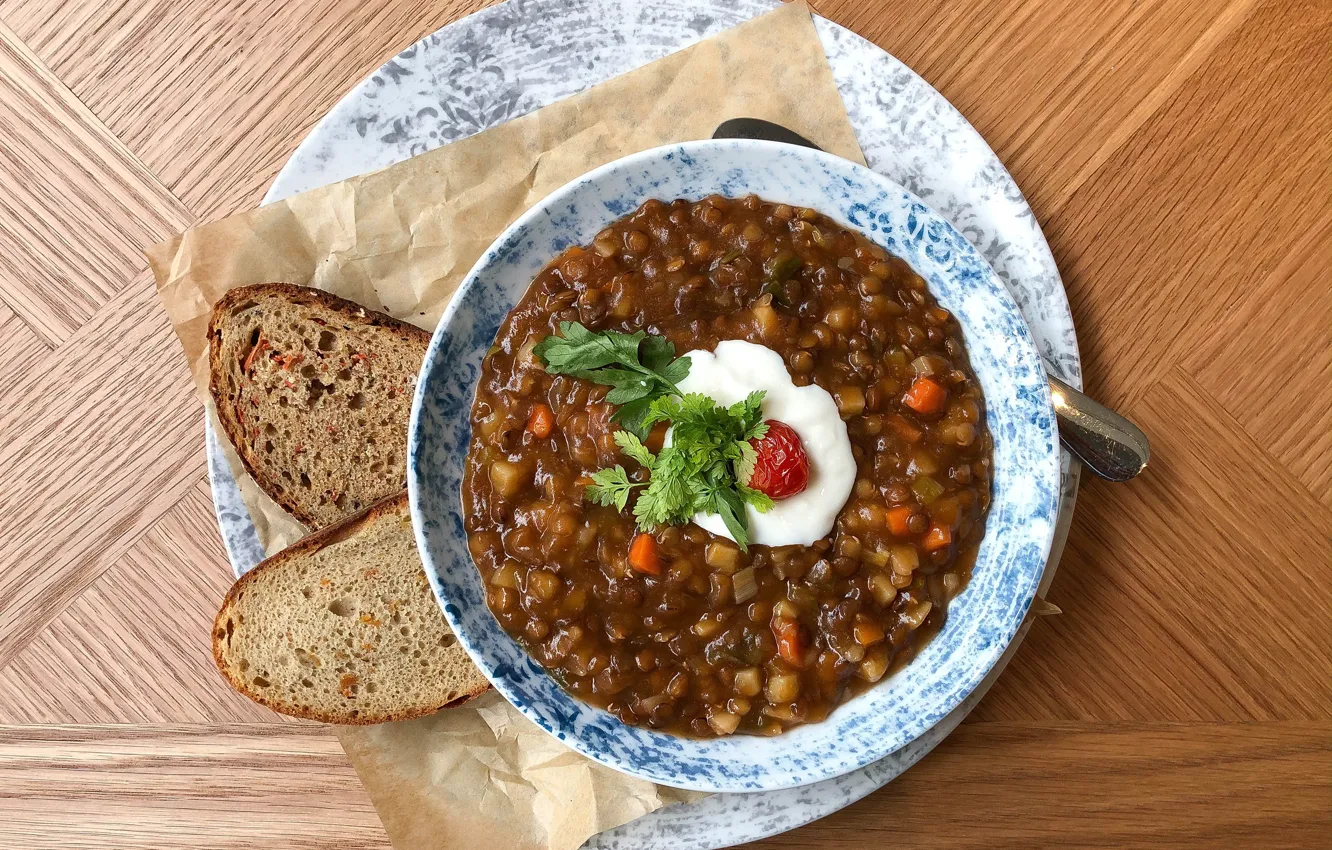 Photo wallpaper plate, bread, soup