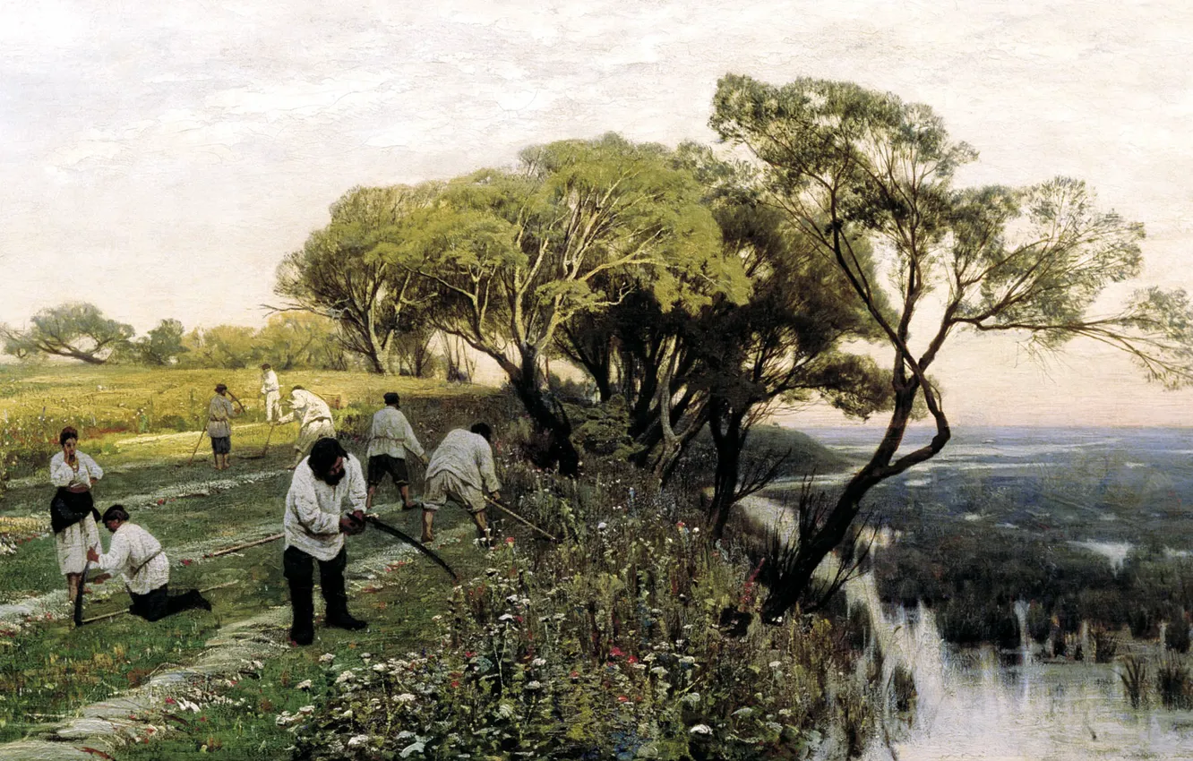 Photo wallpaper field, trees, landscape, river, picture, genre, Mowers, Vladimir Orlovsky