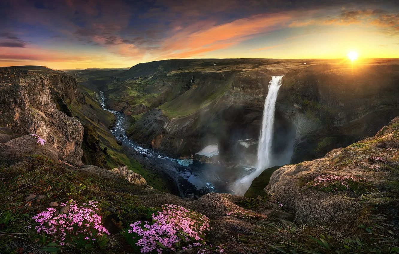 Photo wallpaper sunset, mountains, waterfall