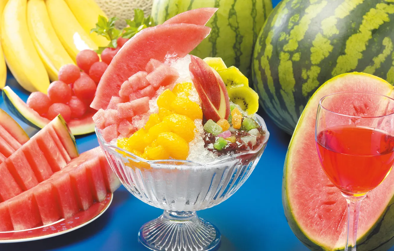 Photo wallpaper watermelon, bananas, fruit, dessert