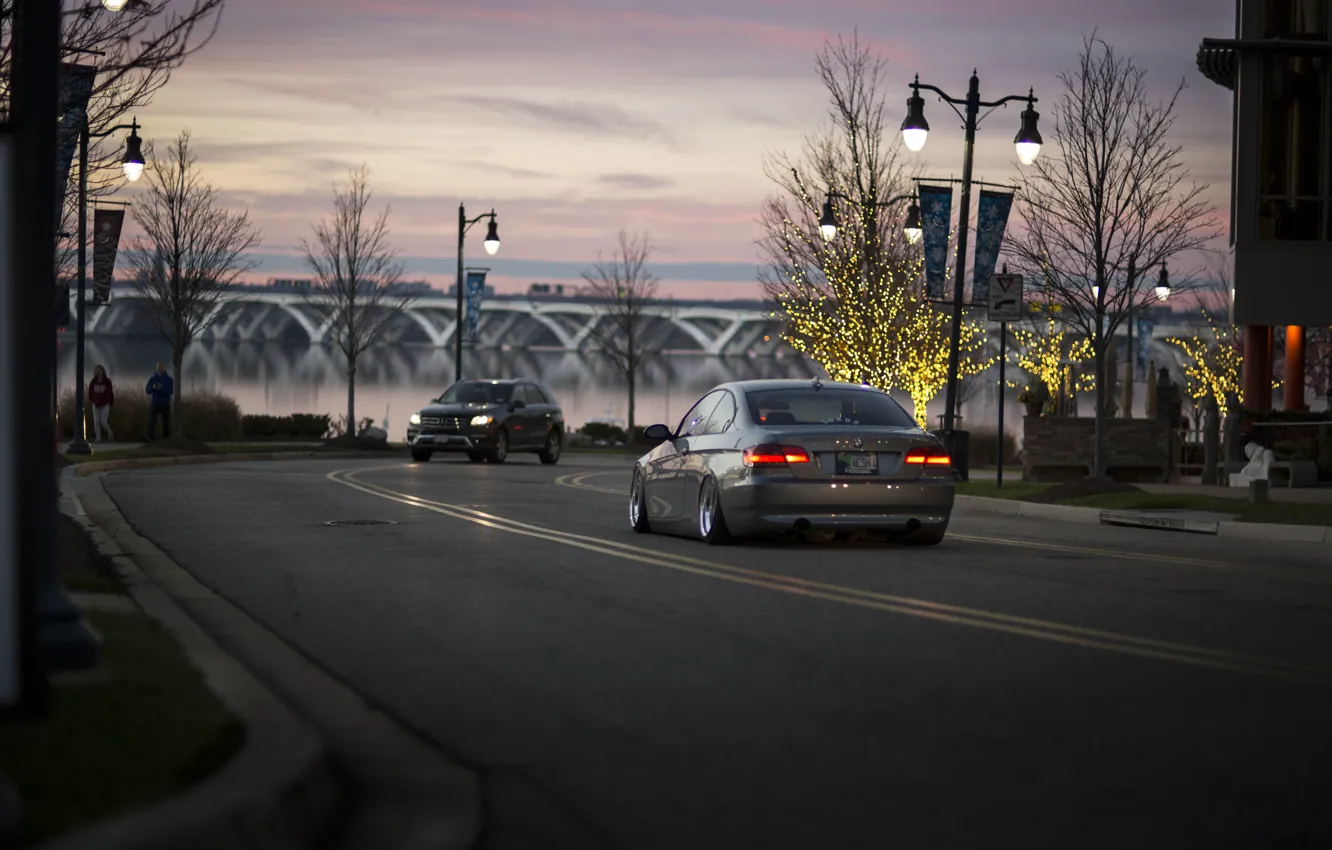 Photo wallpaper trees, bridge, people, branch, street, boats, BMW, Christmas