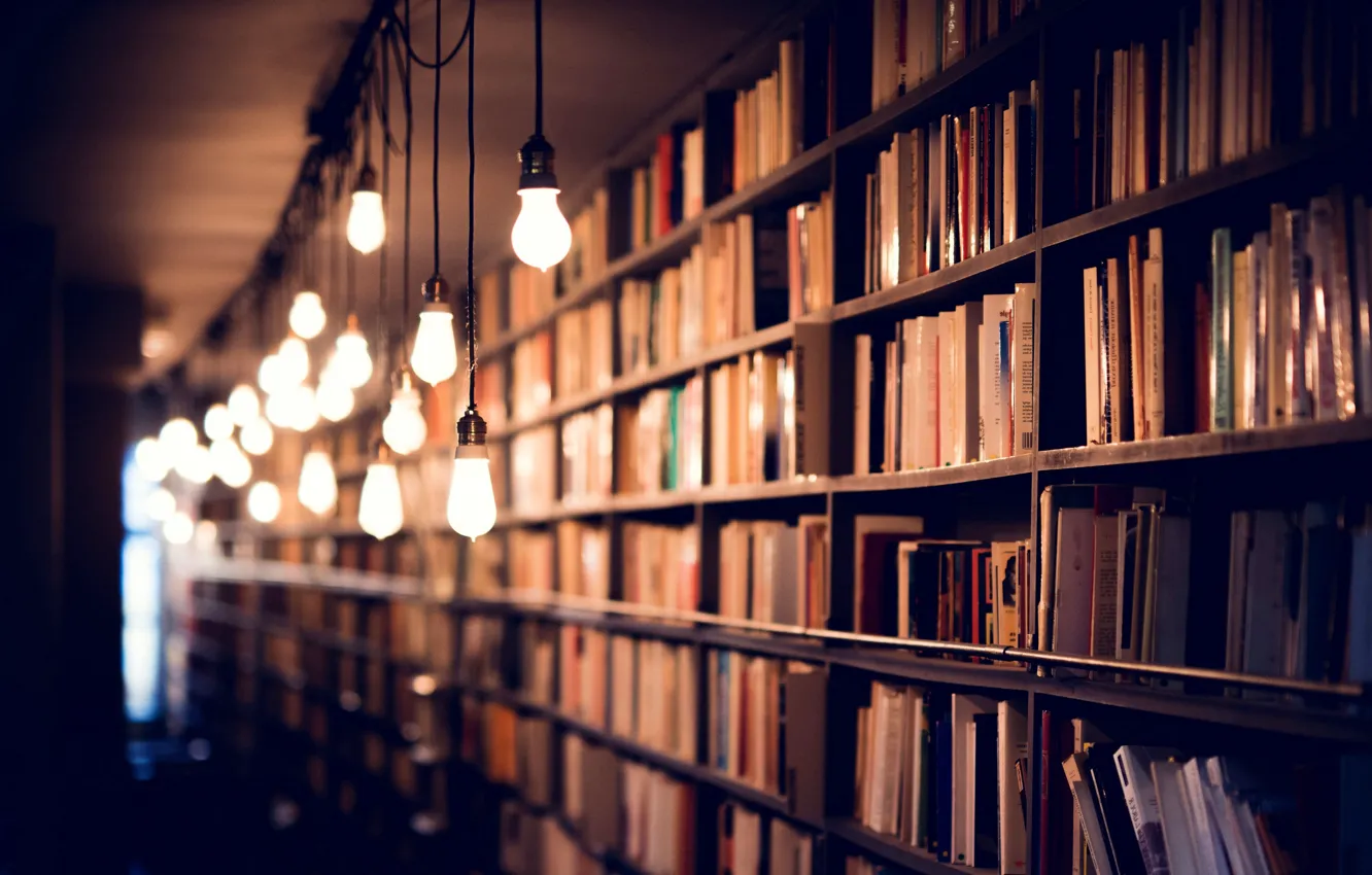 Photo wallpaper light, comfort, lamp, book, library, shelves, books