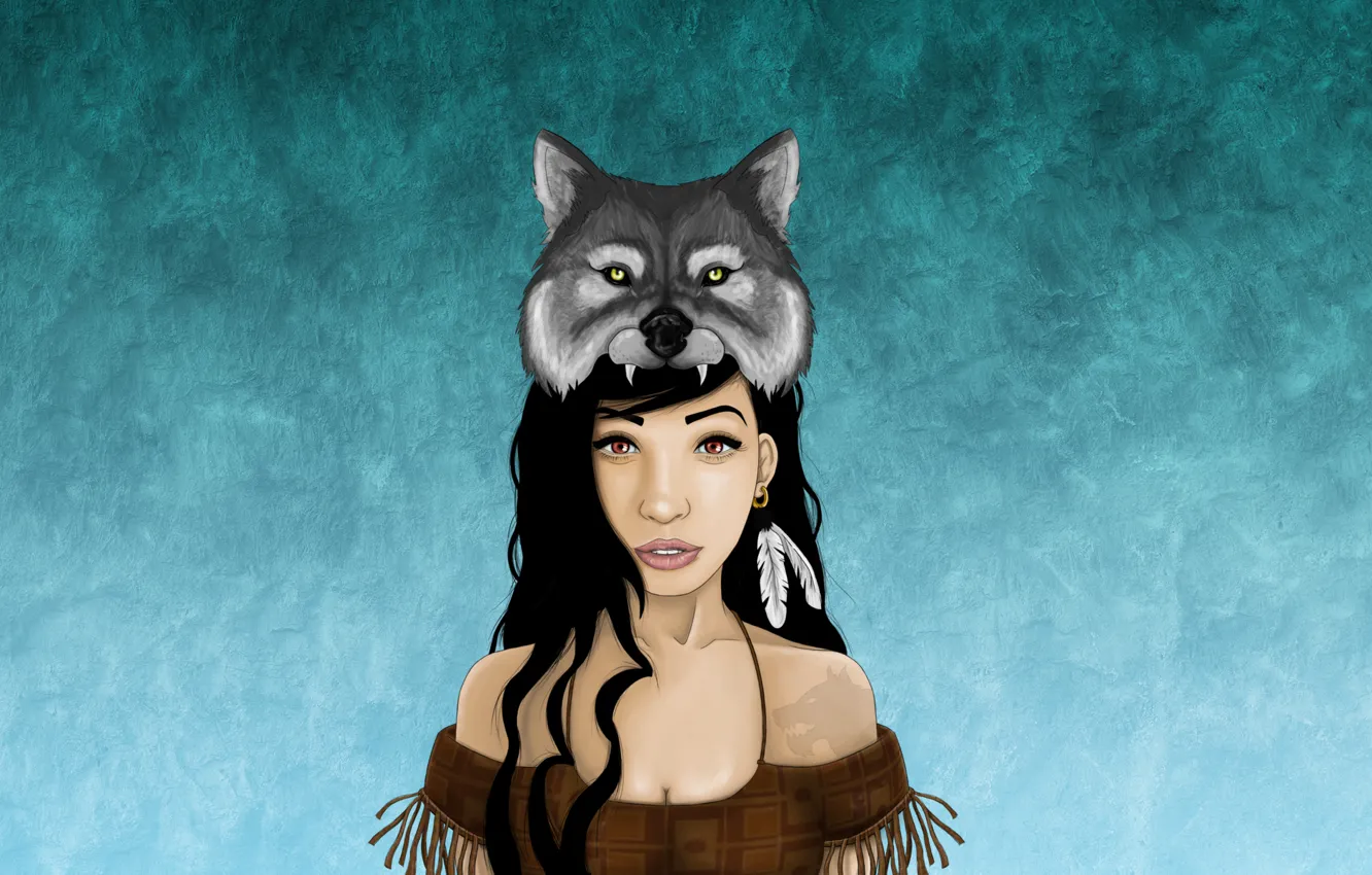 Photo wallpaper girl, wolf, feathers, mask, Indian, wolf, indian, Indian