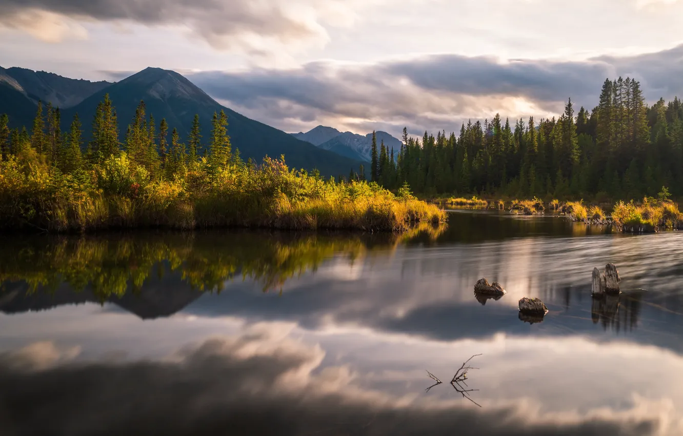 Photo wallpaper autumn, forest, clouds, mountains, reflection, shore, ate, pond