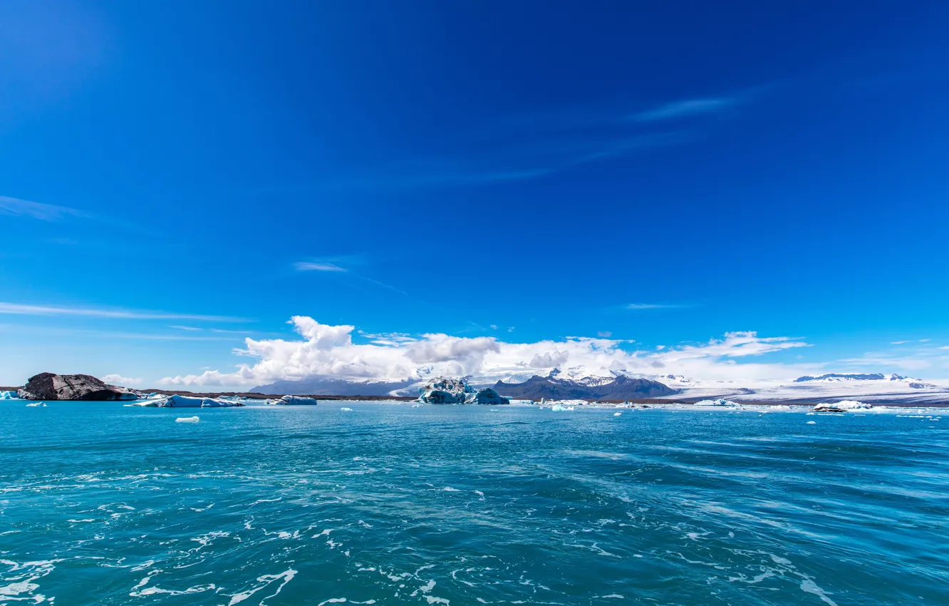Photo wallpaper ice, sea, the sky, clouds, mountains, blue, coast, Iceland