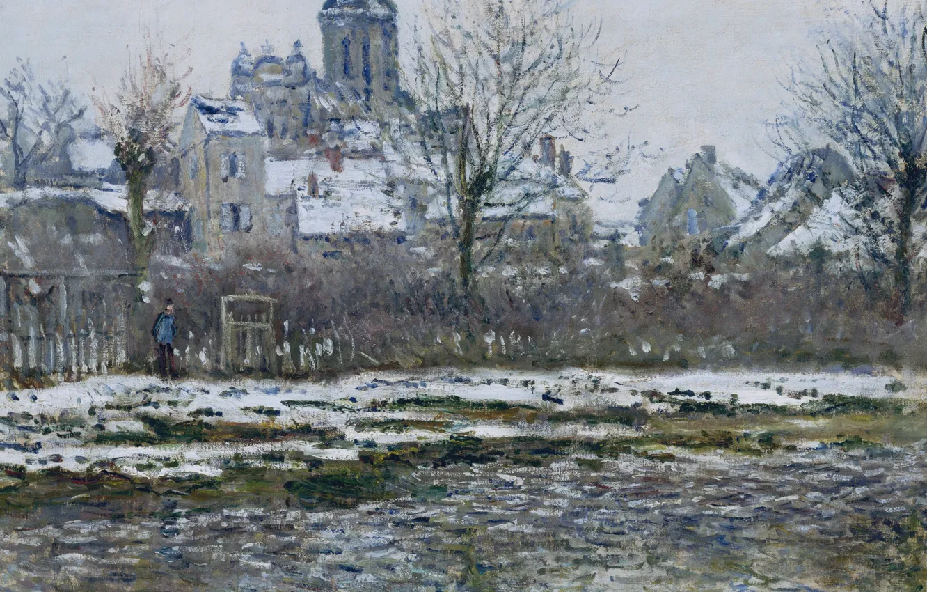 Photo wallpaper landscape, picture, Claude Monet, Vétheuil. Church. Snow