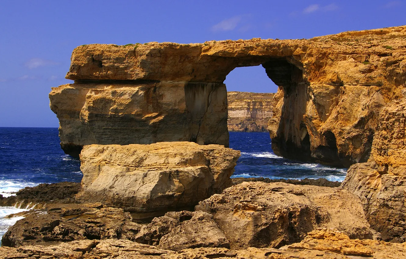 Photo wallpaper sea, the sky, rocks, arch, Malta, Gozo, Dwejra