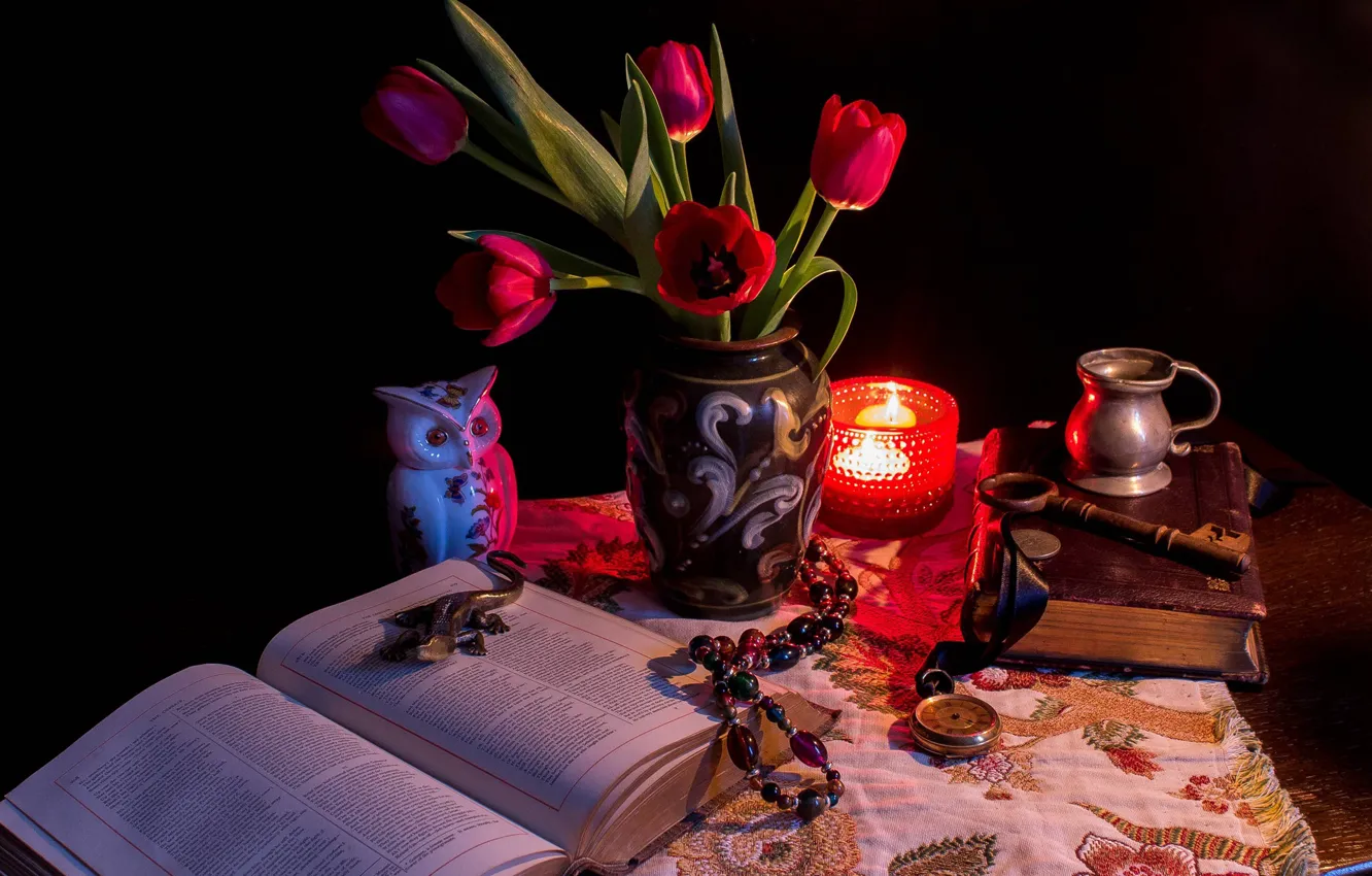 Photo wallpaper Key, Watch, Tulips, Candle, Book, Vase, Still life
