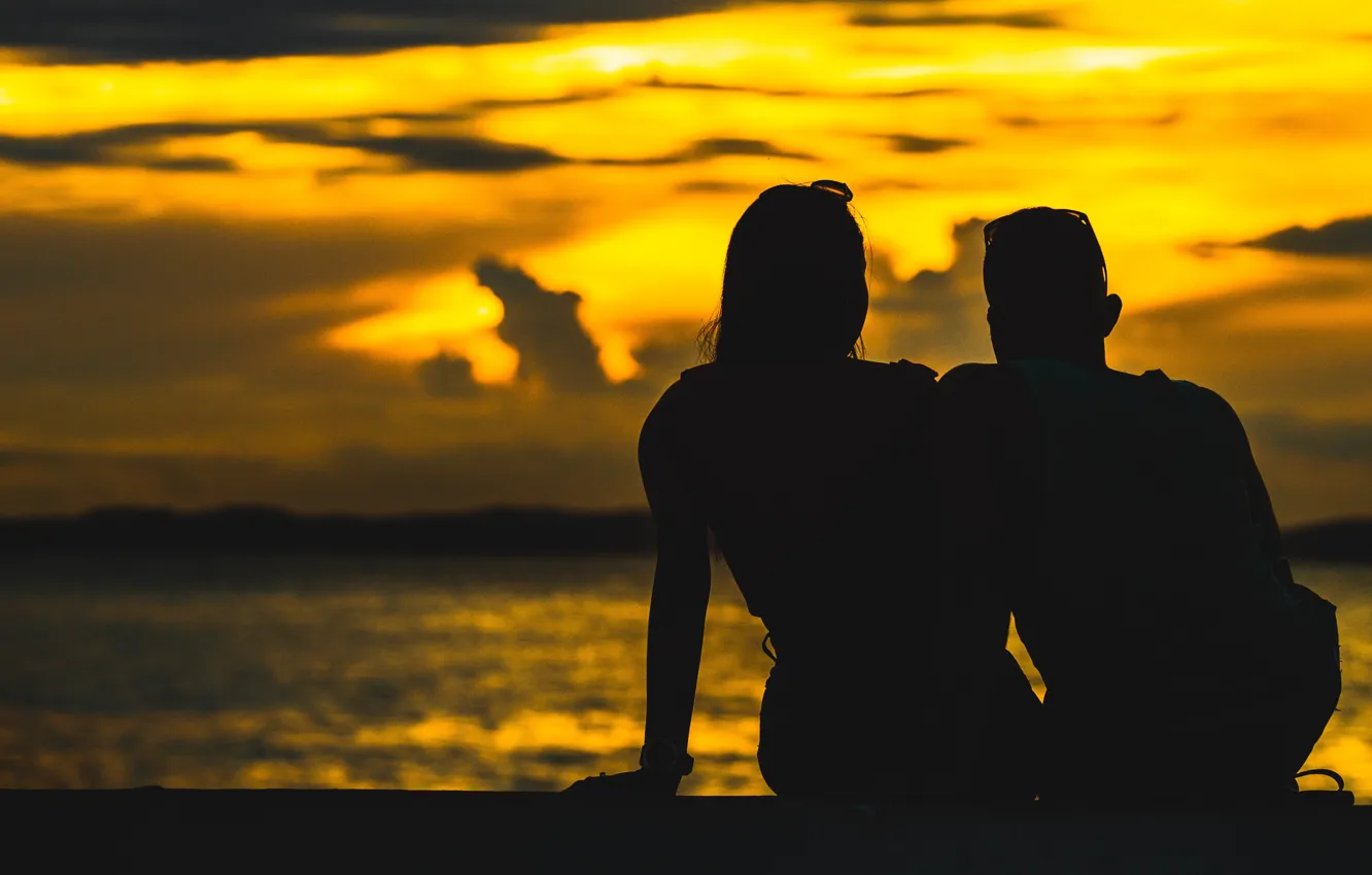 Photo wallpaper sea, the sky, girl, horizon, silhouette, pair, guy