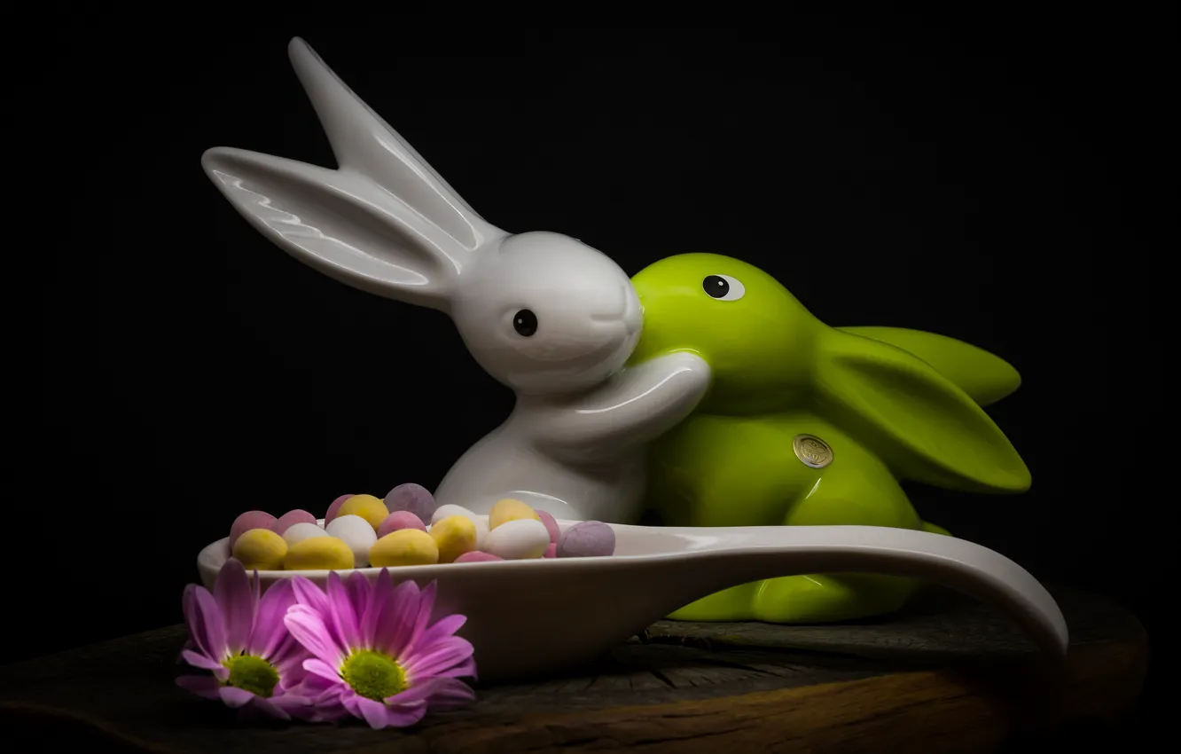 Photo wallpaper flowers, style, eggs, Easter, spoon, rabbits, figurine, black background