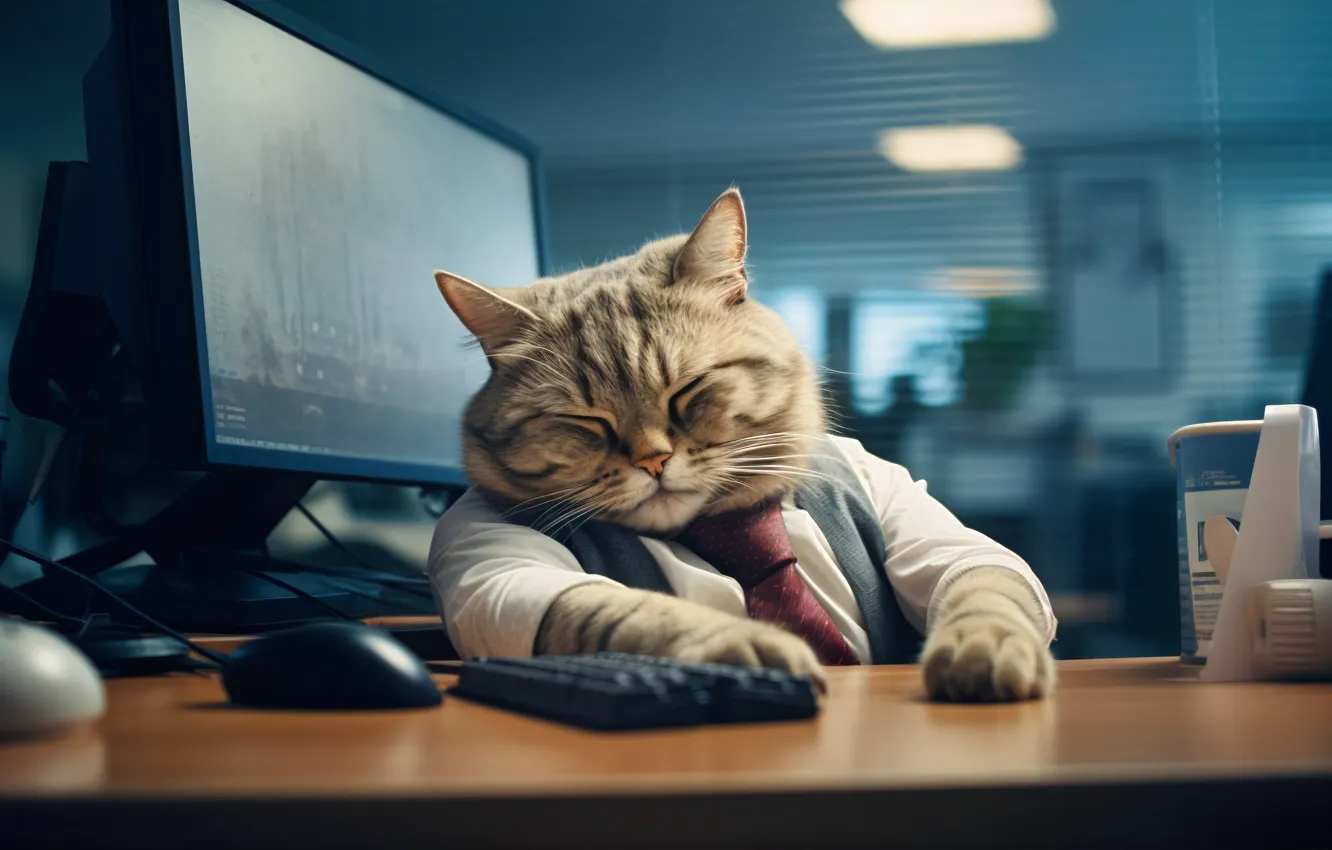 Photo wallpaper cat, computer, cat, table, stay, lamp, sleep, paws