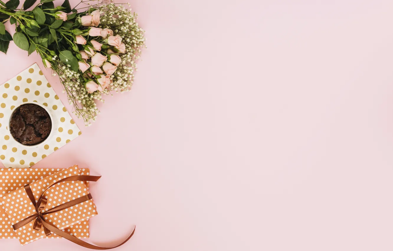 Photo wallpaper background, pink, roses, bouquet, gifts, dessert, decor