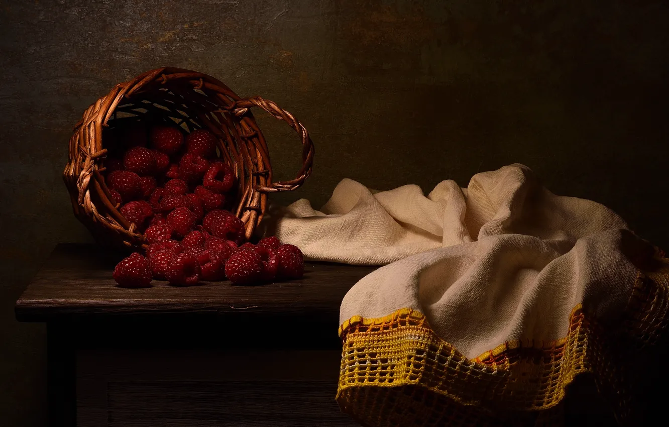 Photo wallpaper berries, the dark background, raspberry, table, still life, basket, towel