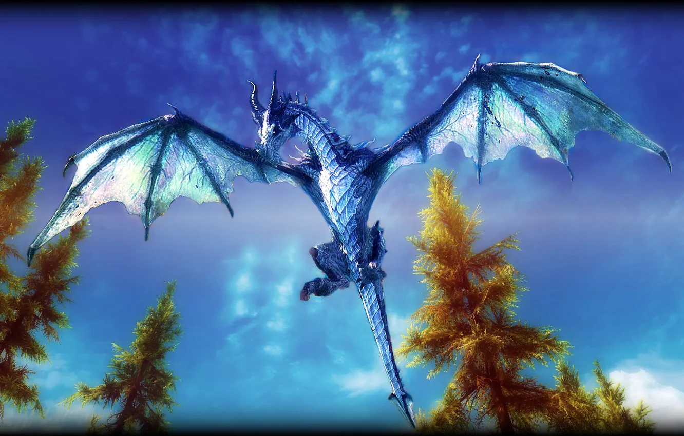 Photo wallpaper The sky, Nature, Clouds, Dragon, Monster, Art, Skyrim, The Elder Scrolls