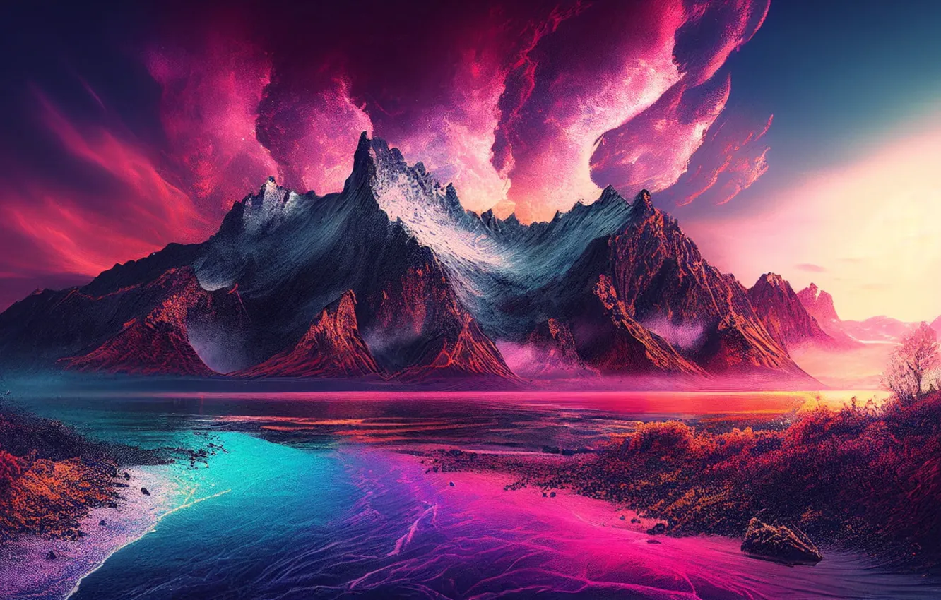 Photo wallpaper mountains, nature, river, bright colors, river, nature, pond, mountains