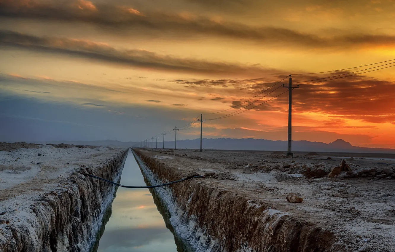 Photo wallpaper field, sunset, channel, power lines