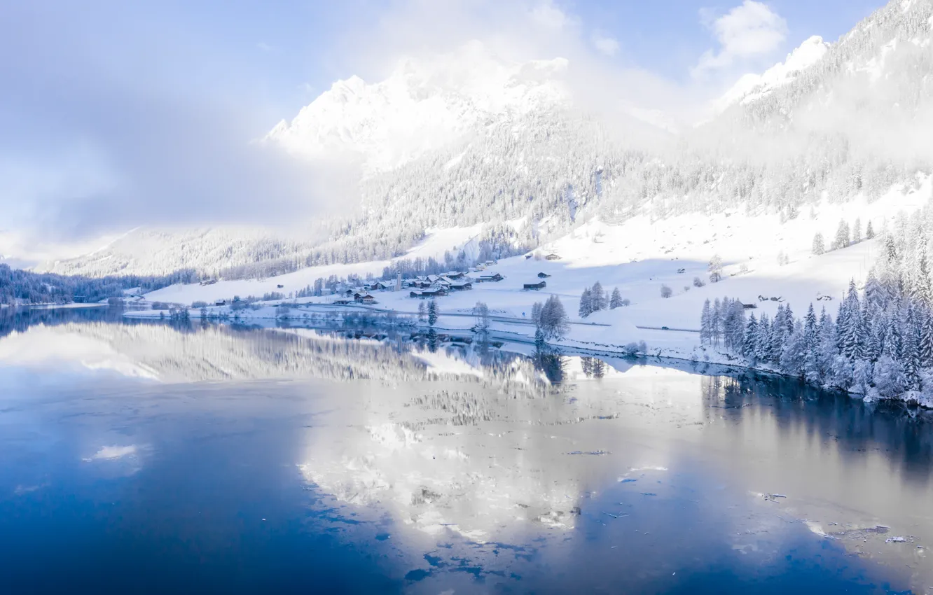 Photo wallpaper winter, snow, trees, landscape, river, tree, forest, river