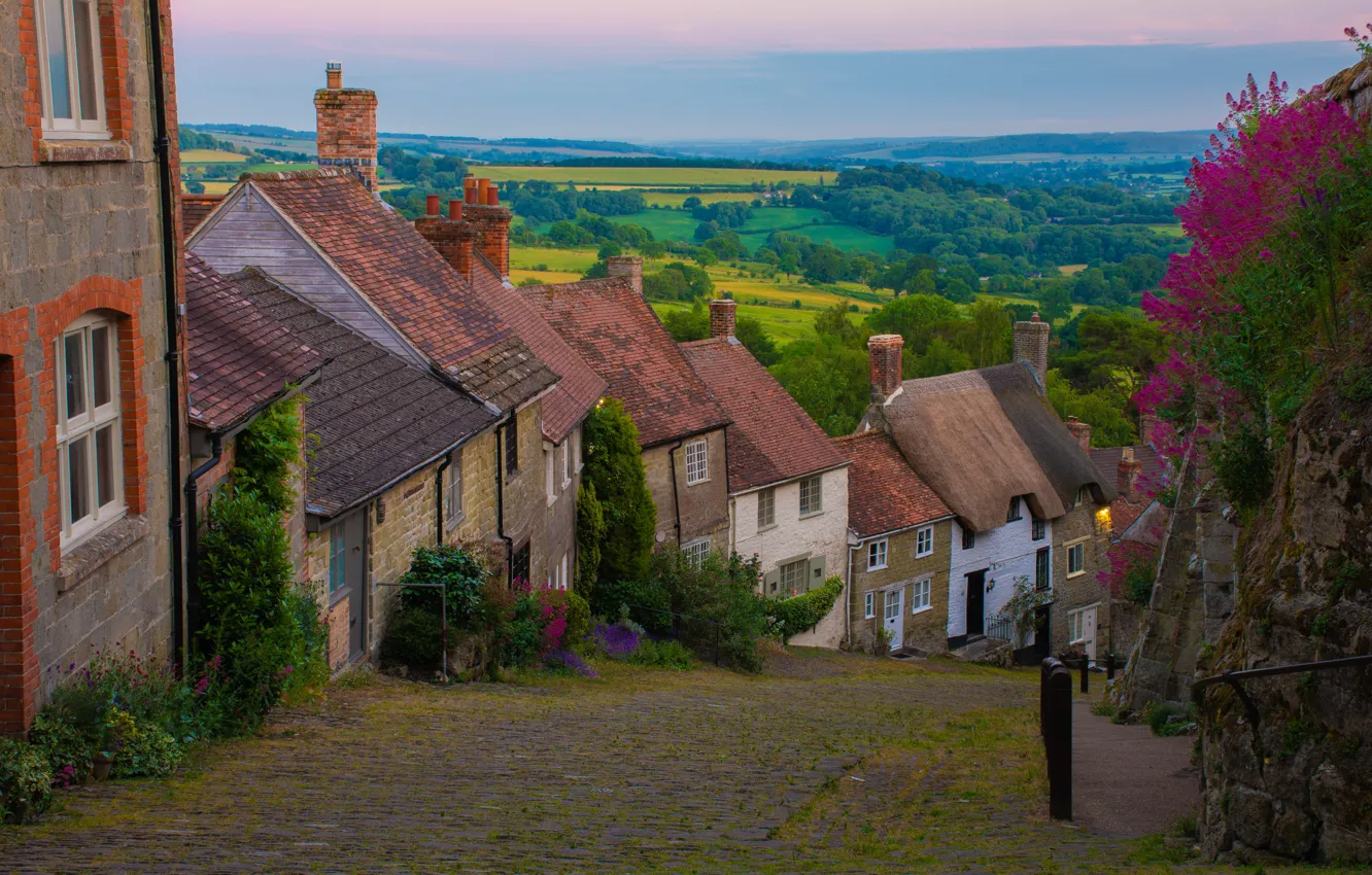 Photo wallpaper landscape, the city, street, England, home, Shaftesbury