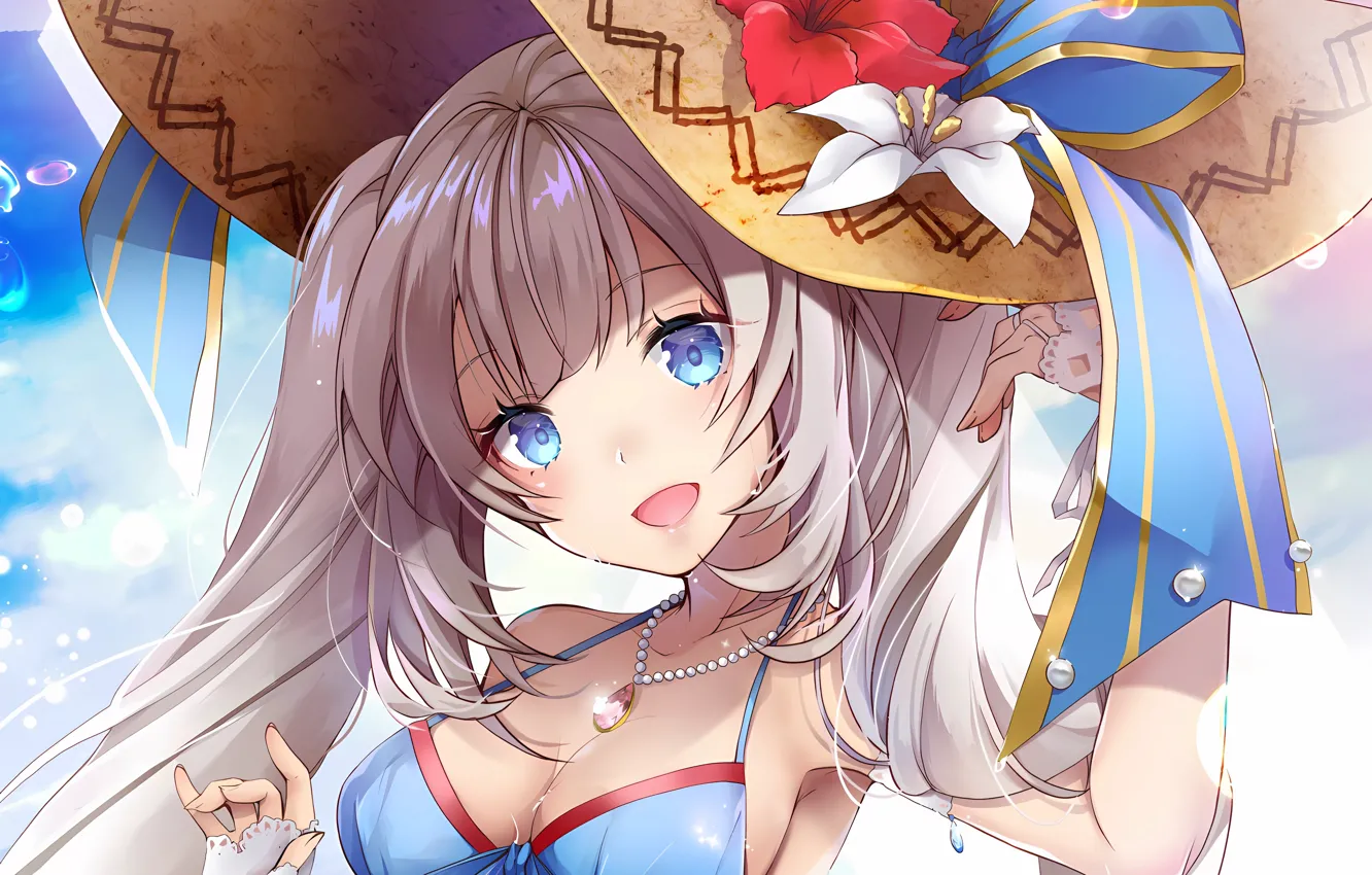 Photo wallpaper girl, sexy, cleavage, long hair, hat, boobs, anime, flowers