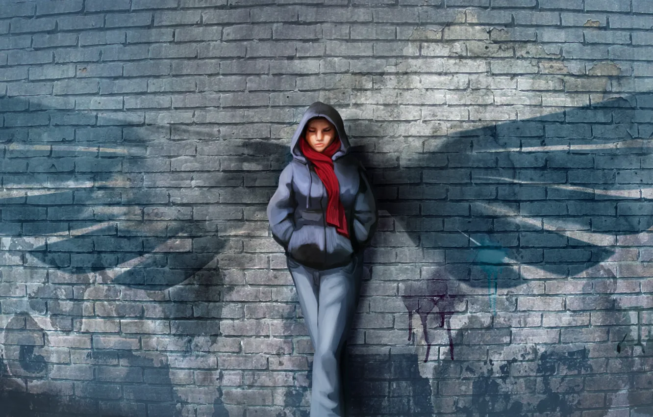 Photo wallpaper girl, wall, figure, wings, scarf, art, bricks